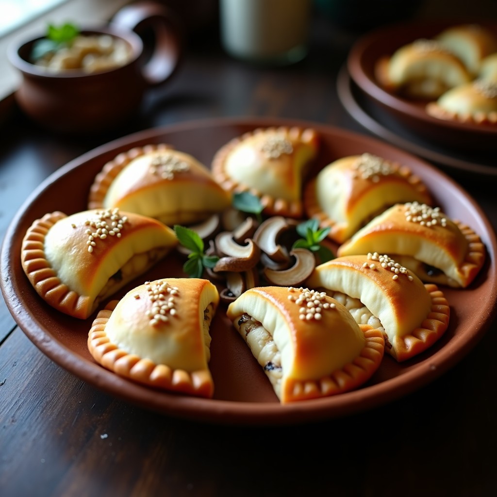 Empanadas doradas en forma de media luna con repulgue detallado, rellenas de hongos portobello y queso de cabra, servidas en plato rústico de barro con semillas de sésamo y tapas de portobello laminadas como decoración. Receta argentina en olla express.
