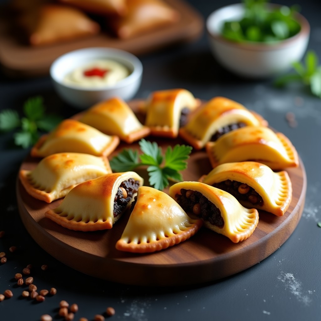 Empanadas argentinas veganas doradas y crujientes con relleno oscuro de hongos portobello y trufa, servidas en bandeja de madera rústica con hojas de perejil y un cuenco de salsa chimichurri al lado.