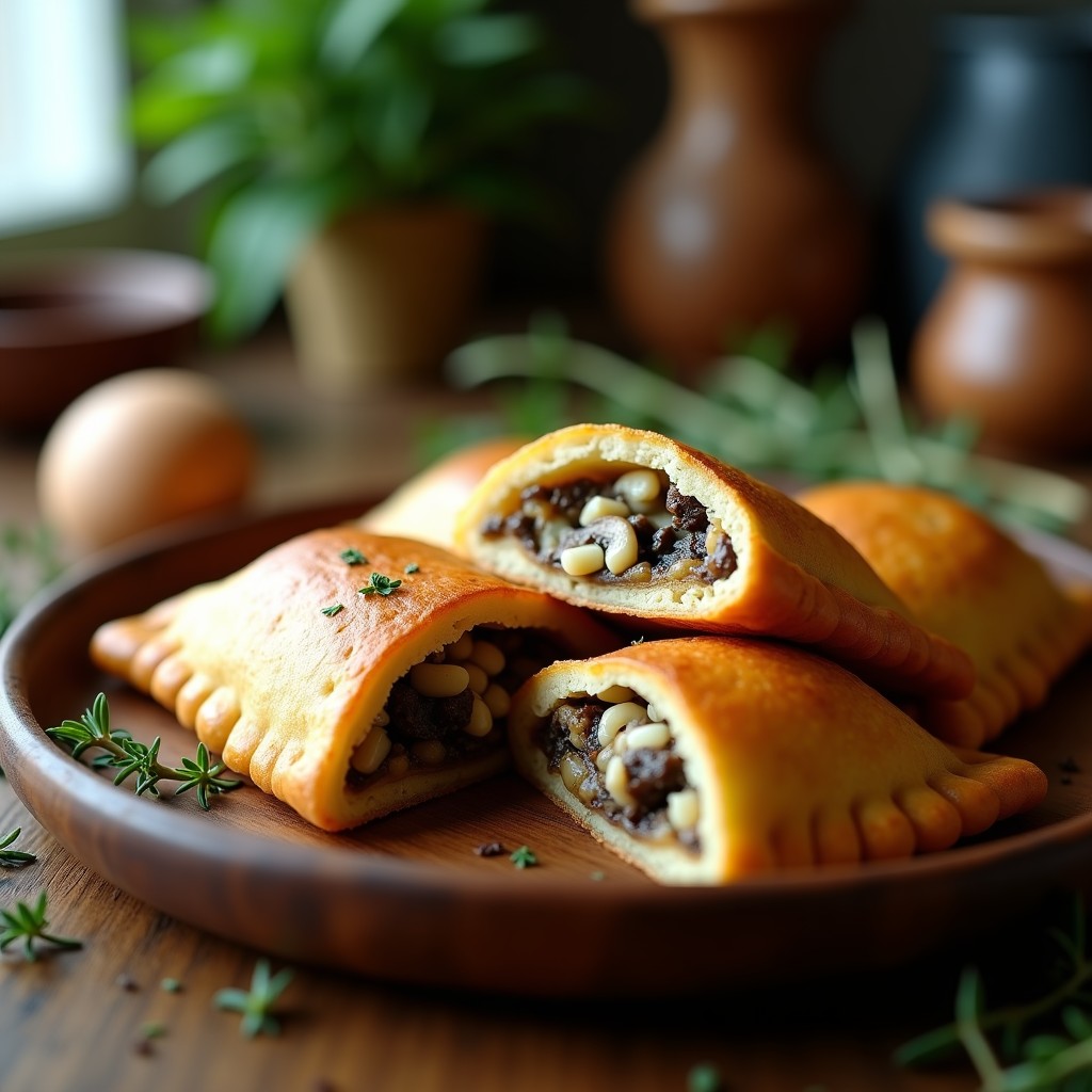 Empanadas doradas y crujientes de masa de cassava rellenas de hongos portobello salteados y queso azul cremoso, servidas en una tabla de madera rústica con hojas de tomillo fresco y un chorrito de vinagre balsámico, receta sin gluten en airfryer.