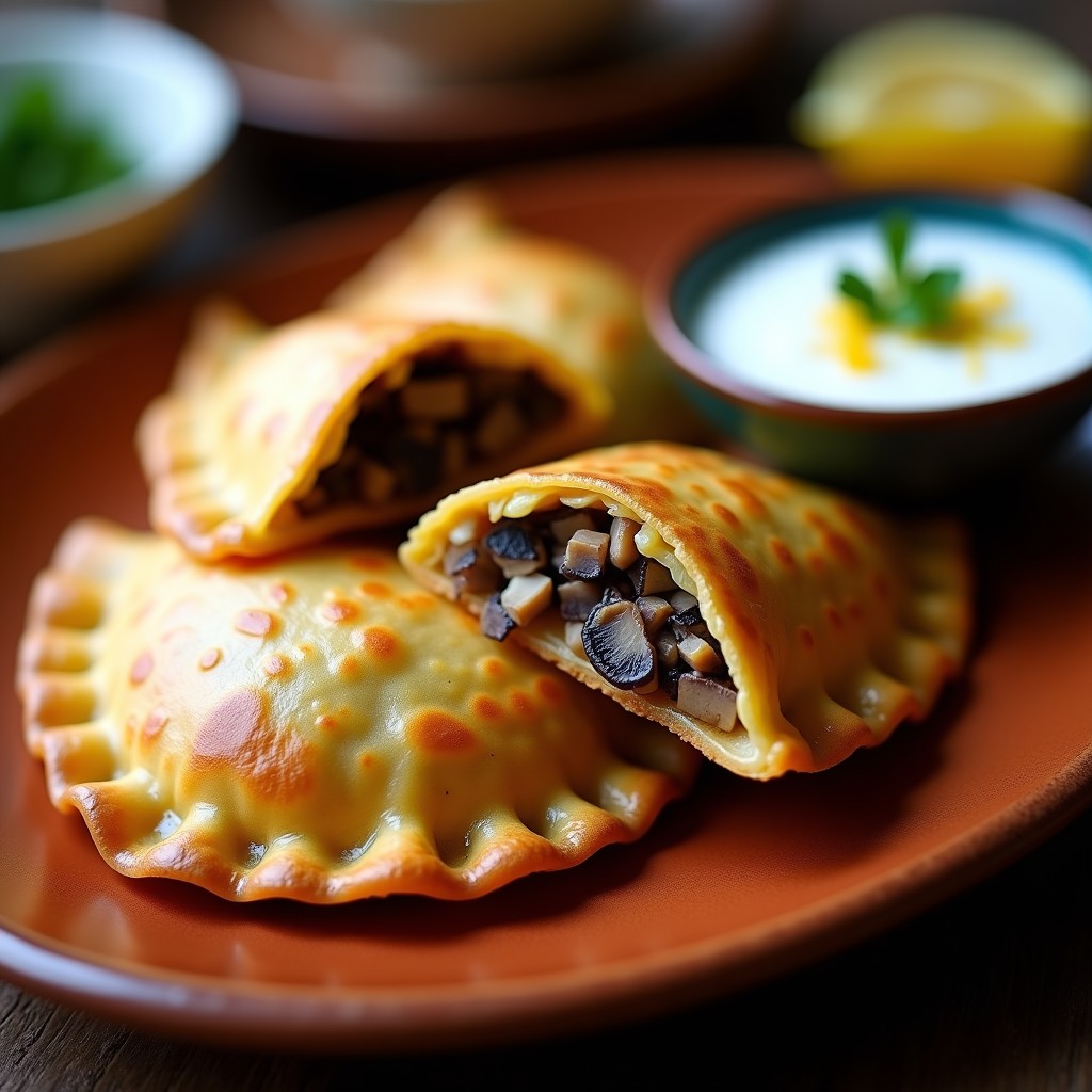 Empanadas doradas y crujientes de maíz azul rellenas de hongos ostra, servidas en un plato de barro con salsa de yogur y hierbas frescas, receta mexicana sin gluten en airfryer.