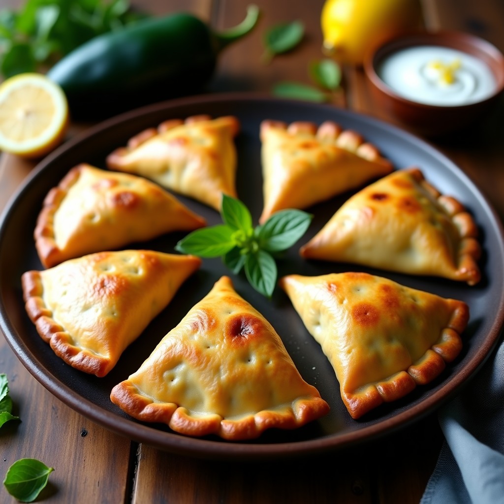 Empanadas doradas de maíz azul rellenas de queso panela y rajas de chile poblano, servidas en un plato de barro con salsa verde al lado, receta tradicional mexicana en airfryer.
