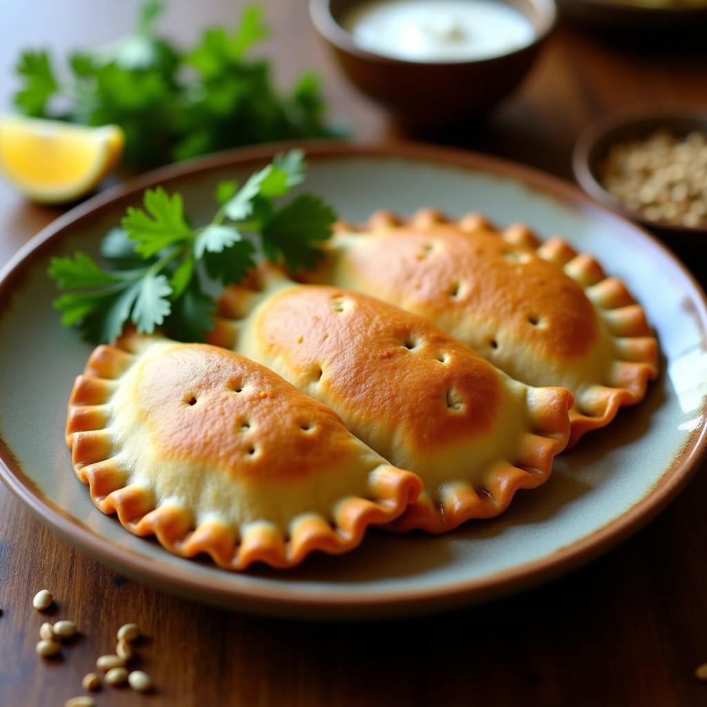 Empanadas doradas de maíz azul rellenas de quingua y queso fresco, servidas en un plato de barro con hierbas frescas y un dip de yogur al lado. Receta ecuatoriana sin horno en airfryer.