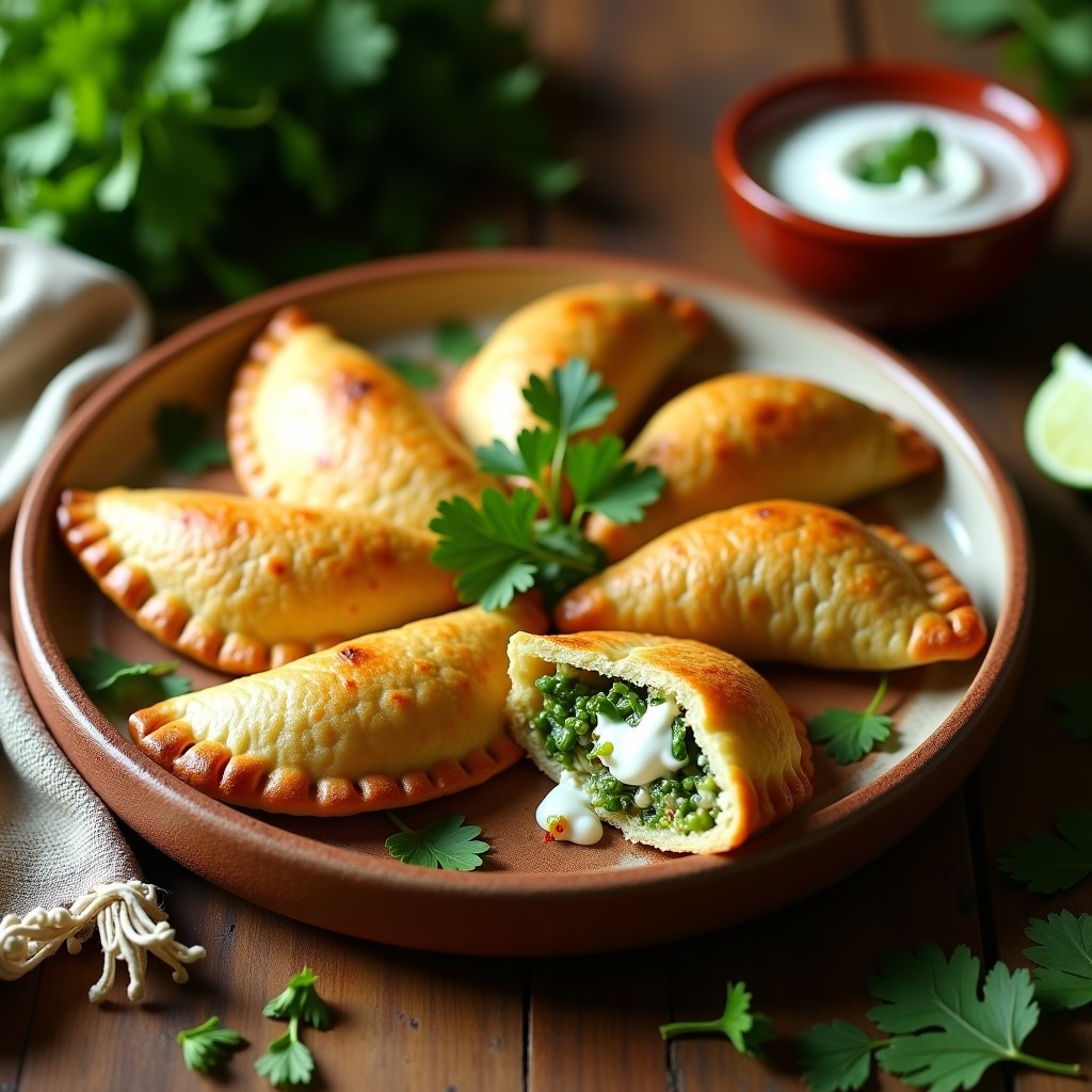 Empanadas de maíz azul doradas y crujientes rellenas de rajas de chile poblano y crema de anacardos, servidas en un plato de barro con hierbas frescas y un fondo rústico.