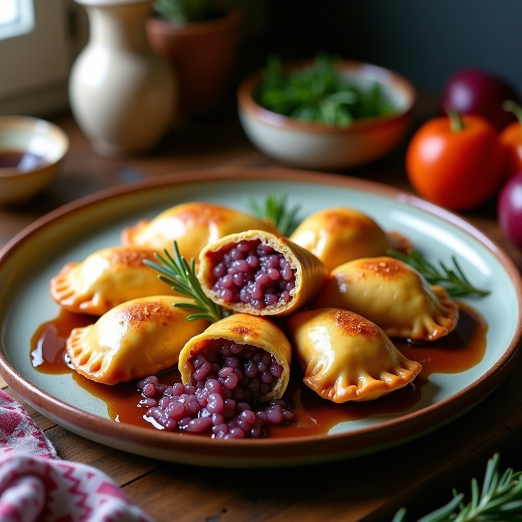 Empanadas de maíz morado doradas y crujientes, rellenas de queso de cabra cremoso y cebolla caramelizada, servidas en un plato de barro rústico con hierbas frescas y un fondo de cocina peruana tradicional.