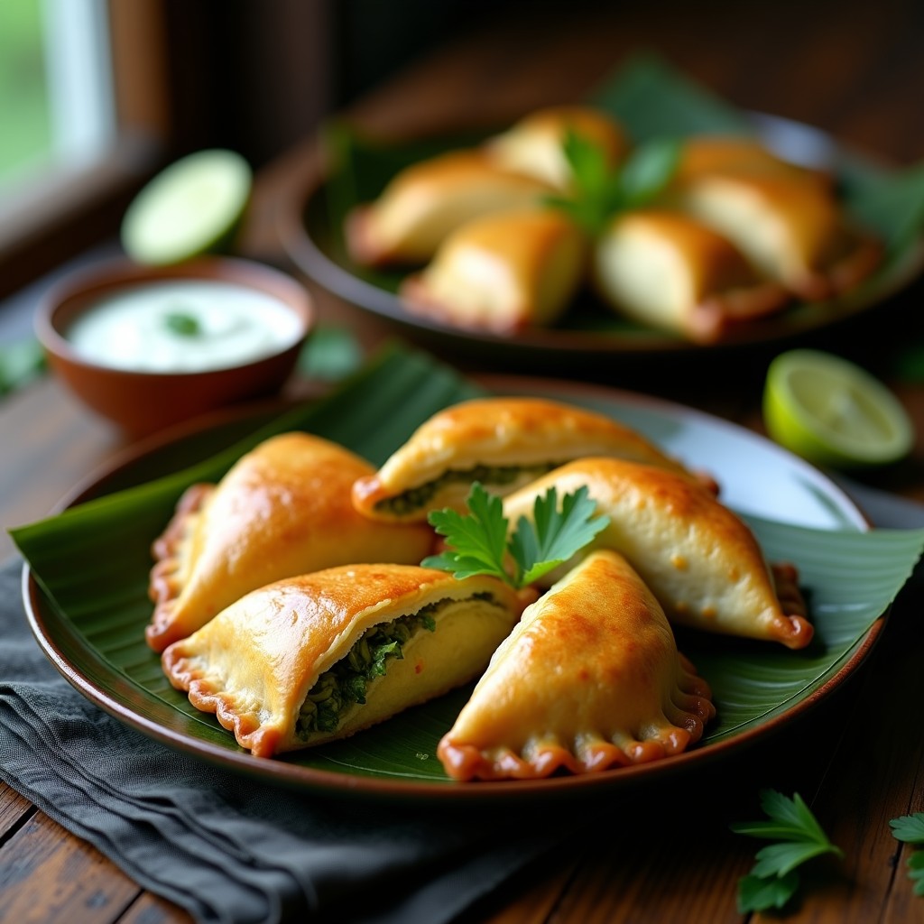 Empanadas doradas de maíz y moringa servidas en un plato de barro rústico, con un fondo de hojas de moringa frescas y una salsa verde al lado. Receta guatemalteca sin gluten en olla exprés.