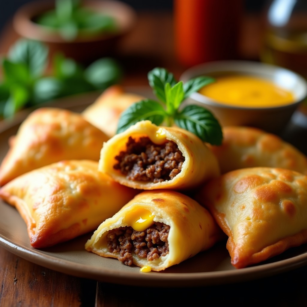 Empanadas doradas y crujientes de masa de mandioca rellenas de carne de res especiada y queso coalho, servidas en un plato de madera rústico con salsa criolla al lado. Receta peruana en airfryer sin gluten.
