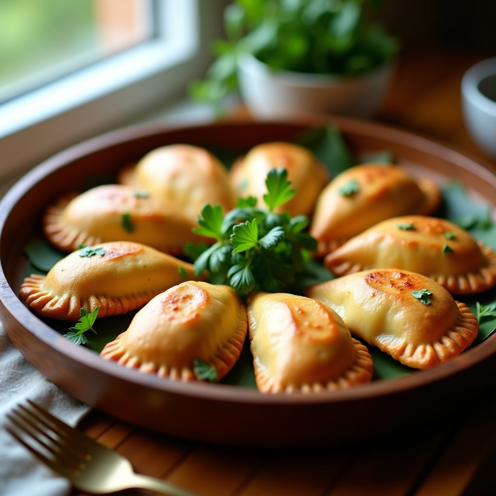 Empanadas brasileñas de masa de mandioca doradas al horno, rellenas de espinacas y queso vegano, dispuestas en una bandeja de madera rústica con hierbas frescas al lado.