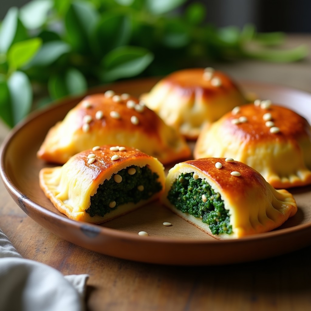 Empanadas doradas y crujientes de masa de mandioca rellenas de espinacas y tofu, servidas en un plato de madera rústico con semillas de sésamo espolvoreadas y un fondo de hojas verdes. Receta sin gluten en airfryer.