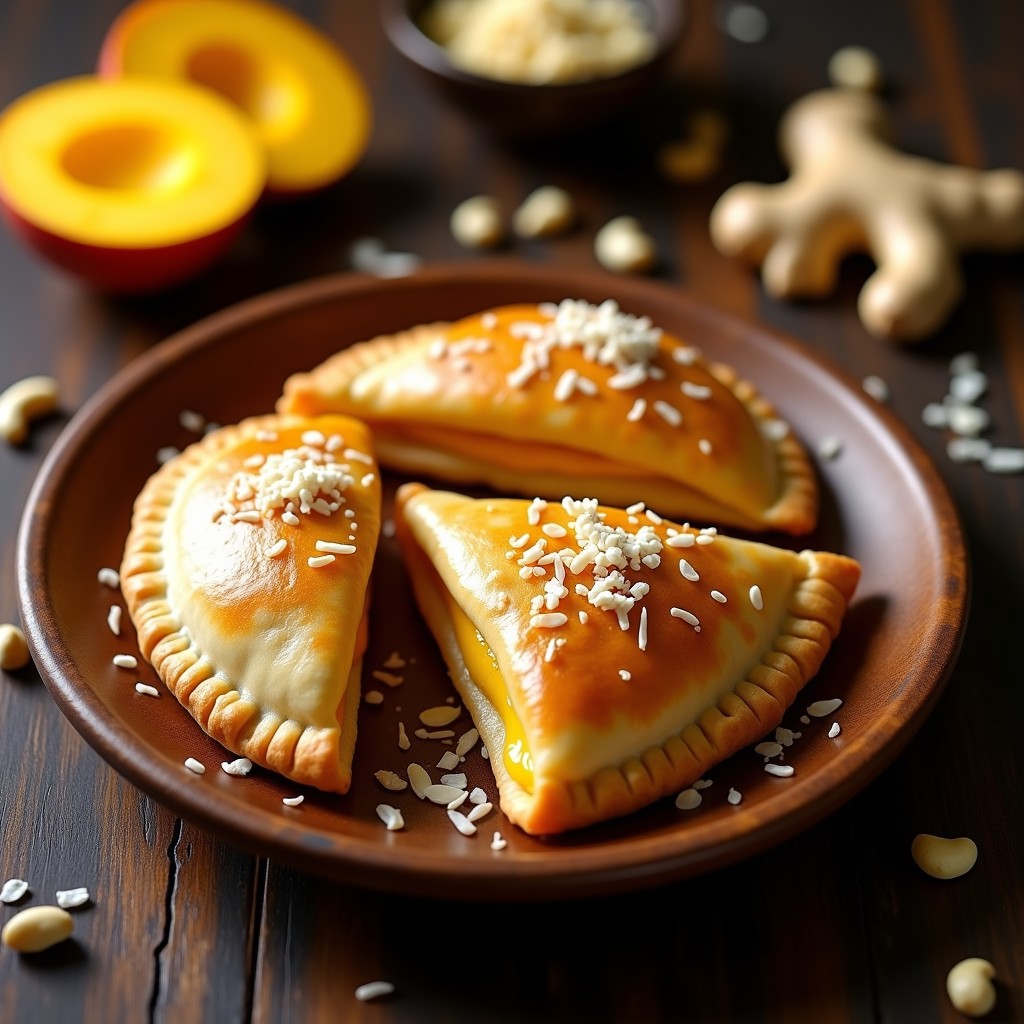 Empanadas argentinas veganas sin horno con base dorada de almendra y coco, rellenas de queso cremoso de anacardos y compota de mango con jengibre, decoradas con coco rallado tostado y un hilo de sirope de agave sobre un plato de madera rústica.