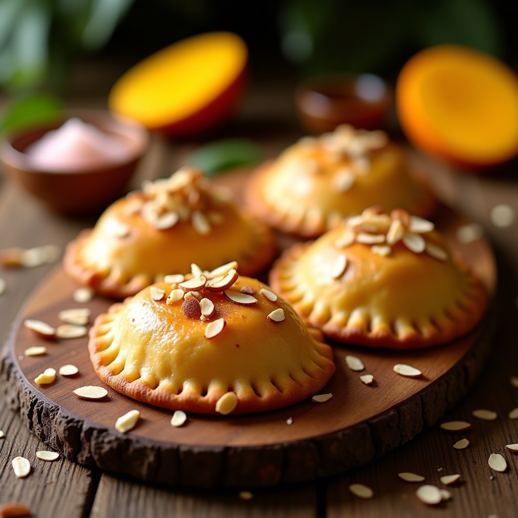 Empanadas doradas y crujientes de hojaldre integral rellenas de mango y queso de cabra, servidas en una bandeja de madera con almendras tostadas y un hilo de miel de agave, receta dulce-salada en airfryer.
