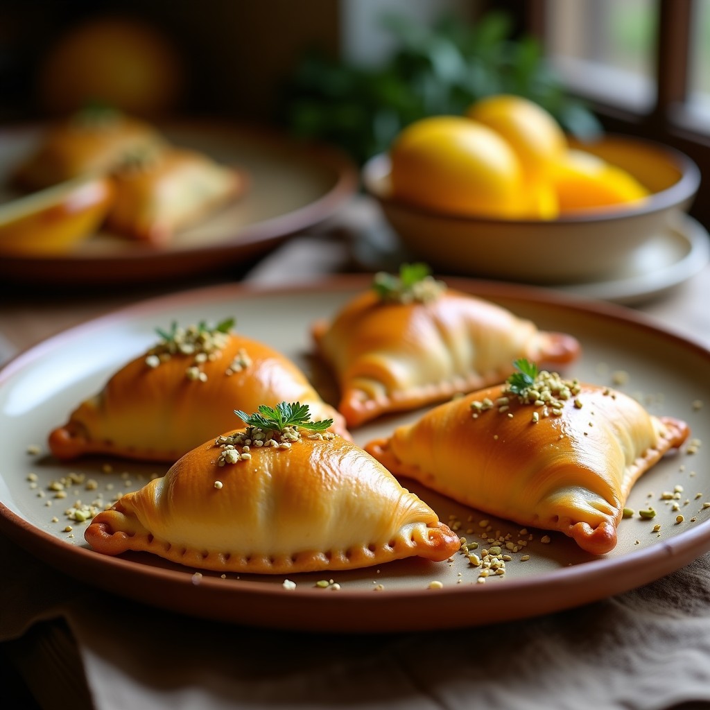 Empanadas doradas de hojaldre rellenas de mango y queso de cabra, con semillas de sésamo y miel de palma, servidas en bandeja de cerámica árabe con detalles geométricos.