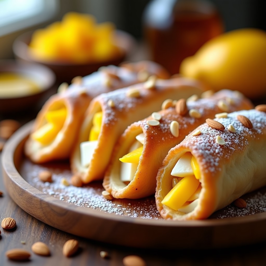 Empanadas doradas recién horneadas con relleno de mango y queso de cabra, espolvoreadas con almendras fileteadas y azúcar glass, sobre un plato de madera rústica con fondo desenfocado.
