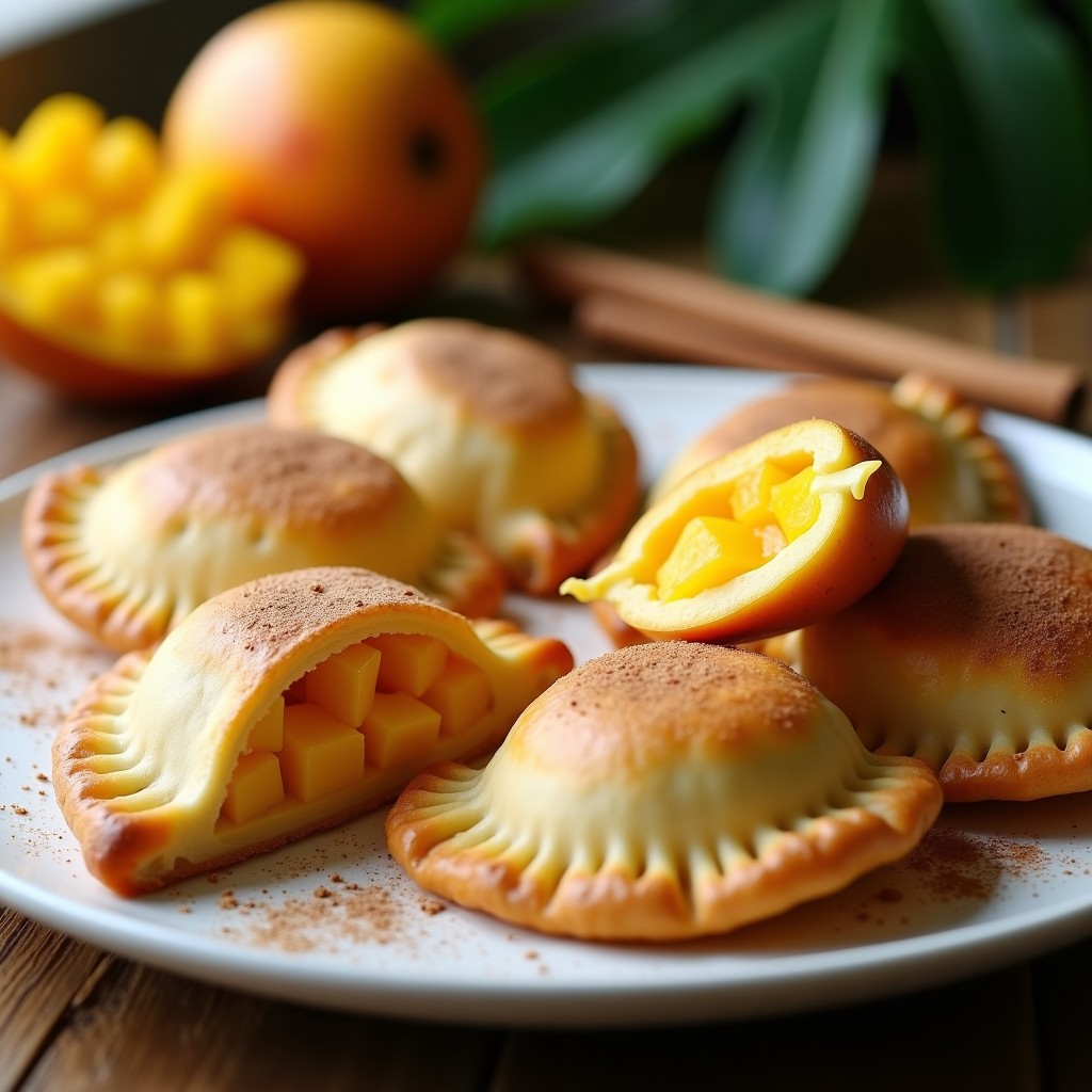Empanadas doradas y crujientes rellenas de mango y queso cream cheese, servidas en un plato de cerámica blanca con topping de mango macerado y semillas de sésamo negro, receta colombiana dulce y salada en Thermomix.