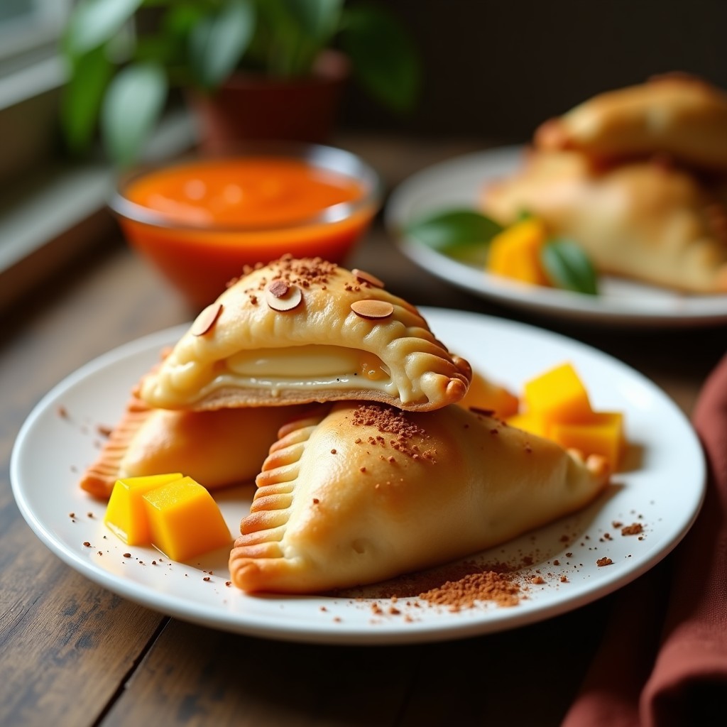 Empanadas doradas y crujientes rellenas de mango y queso crema, servidas en un plato blanco con salsa de chile habanero al lado, postre mexicano picante-dulce.