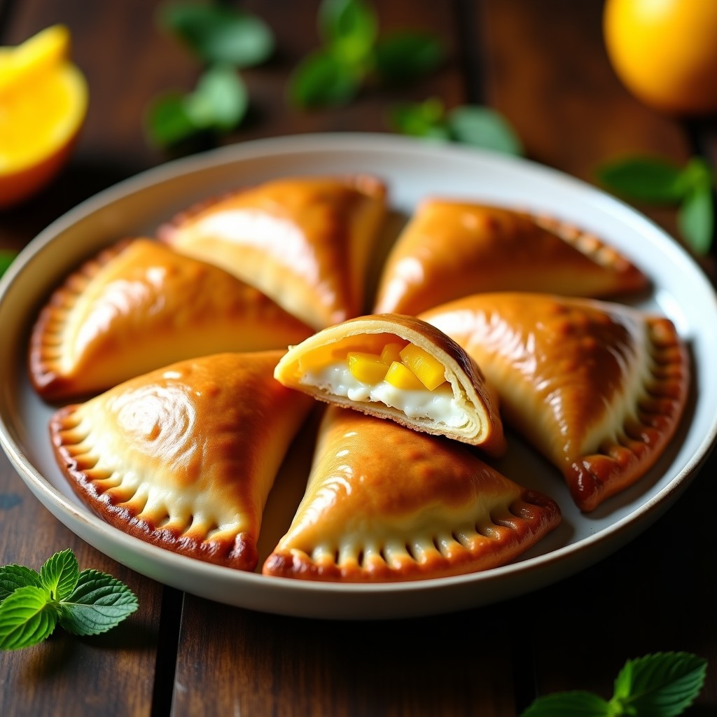 Empanadas doradas y crujientes de mango y queso ricotta en airfryer, con bordes sellados y relleno cremoso asomando. Servidas en plato rústico con cubos de mango fresco como decoración.