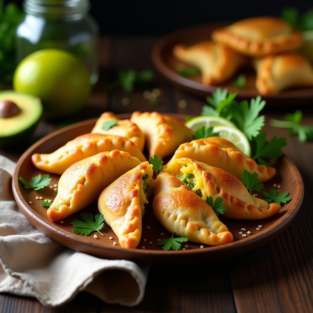 Empanadas doradas y crujientes de masa de harina de almendra rellenas de mango verde y jalapeño, servidas en un plato de madera con hojas de cilantro fresco y rodajas de limón al lado. Receta keto y picante.