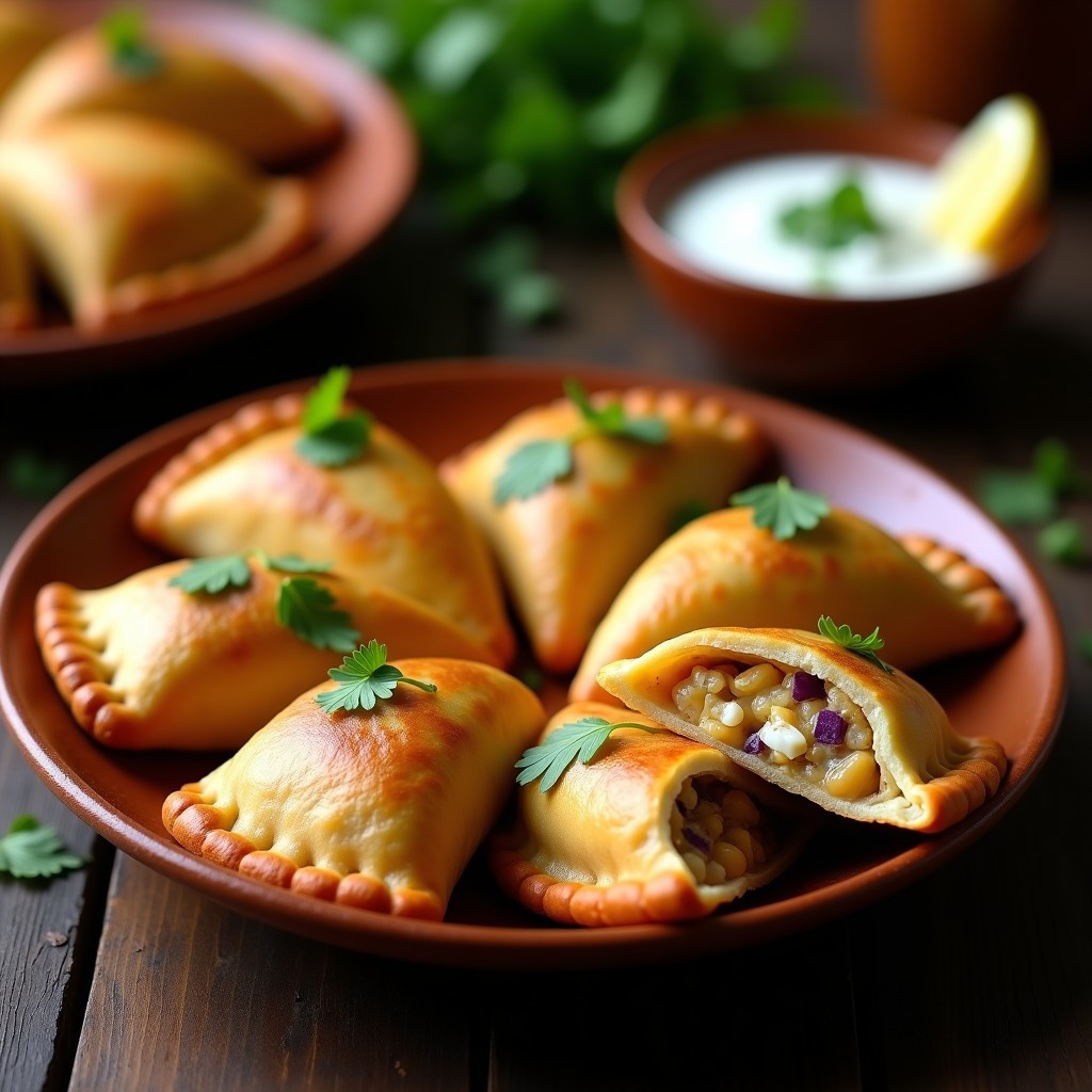 Empanadas doradas y crujientes de manteca de cacahuete y plátano macho keto, rellenas de queso crema y verduras, servidas en un plato de madera con hojas de cilantro fresco, receta colombiana en airfryer.