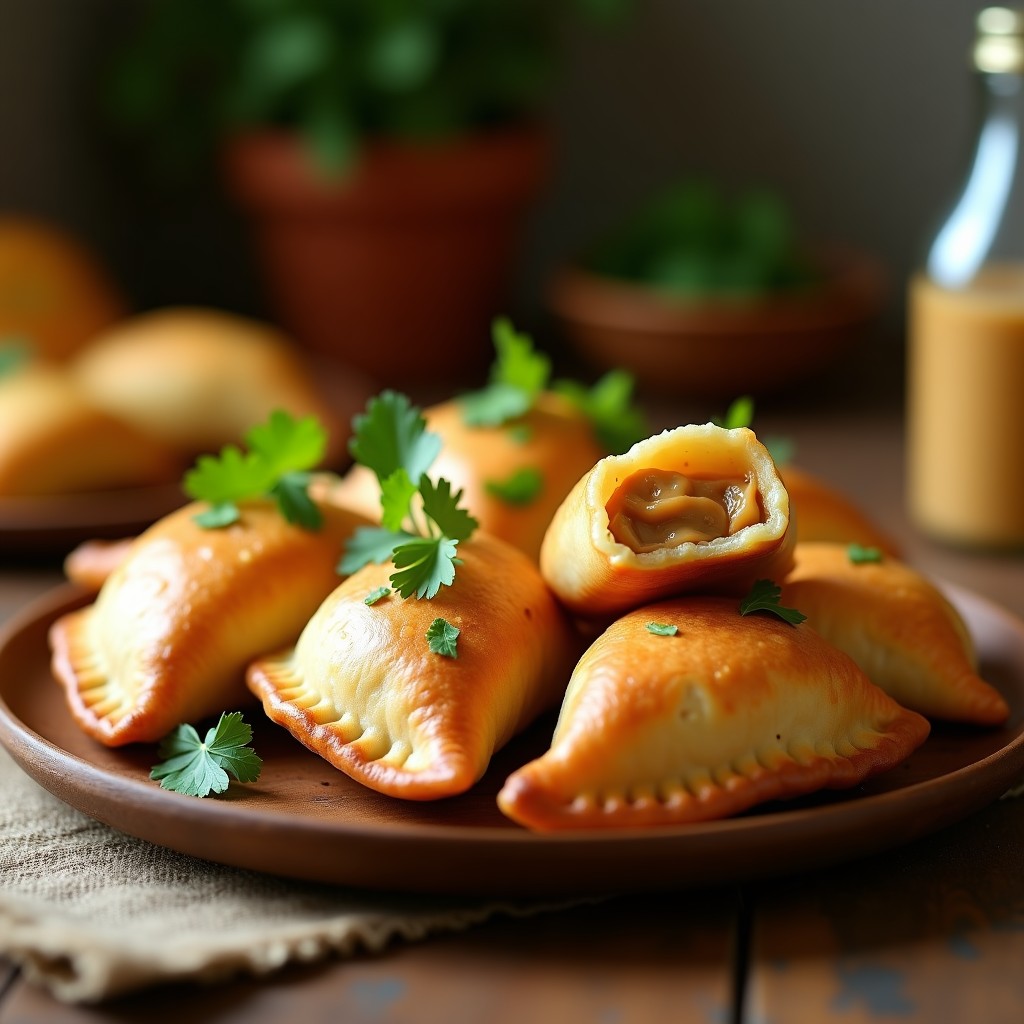 Empanadas doradas y crujientes de mantequilla de maní y plátano macho, apiladas en un plato de madera rústico con hojas de cilantro fresco. Receta colombiana vegana en airfryer.