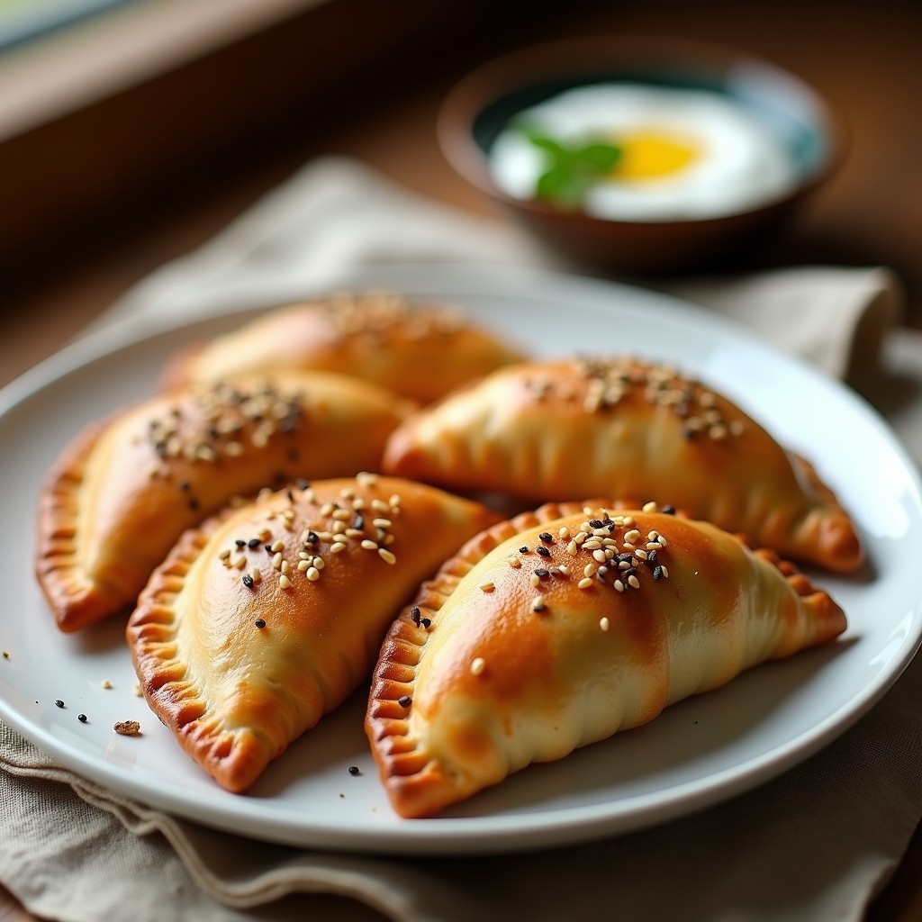 Empanadas doradas de masa de coliflor rellenas de cordero y higos, con almendras fileteadas por encima, servidas en un plato de cerámica blanca con yogur griego y ensalada fresca al lado. Receta griega en airfryer, keto y sin gluten.