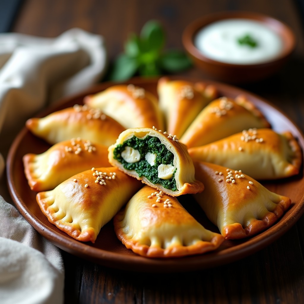 Empanadas doradas de masa de coliflor rellenas de espinacas y tofu, con bordes bien sellados y almendras fileteadas por encima, servidas en una bandeja de madera rústica con hierbas frescas de decoración. Receta argentina keto.