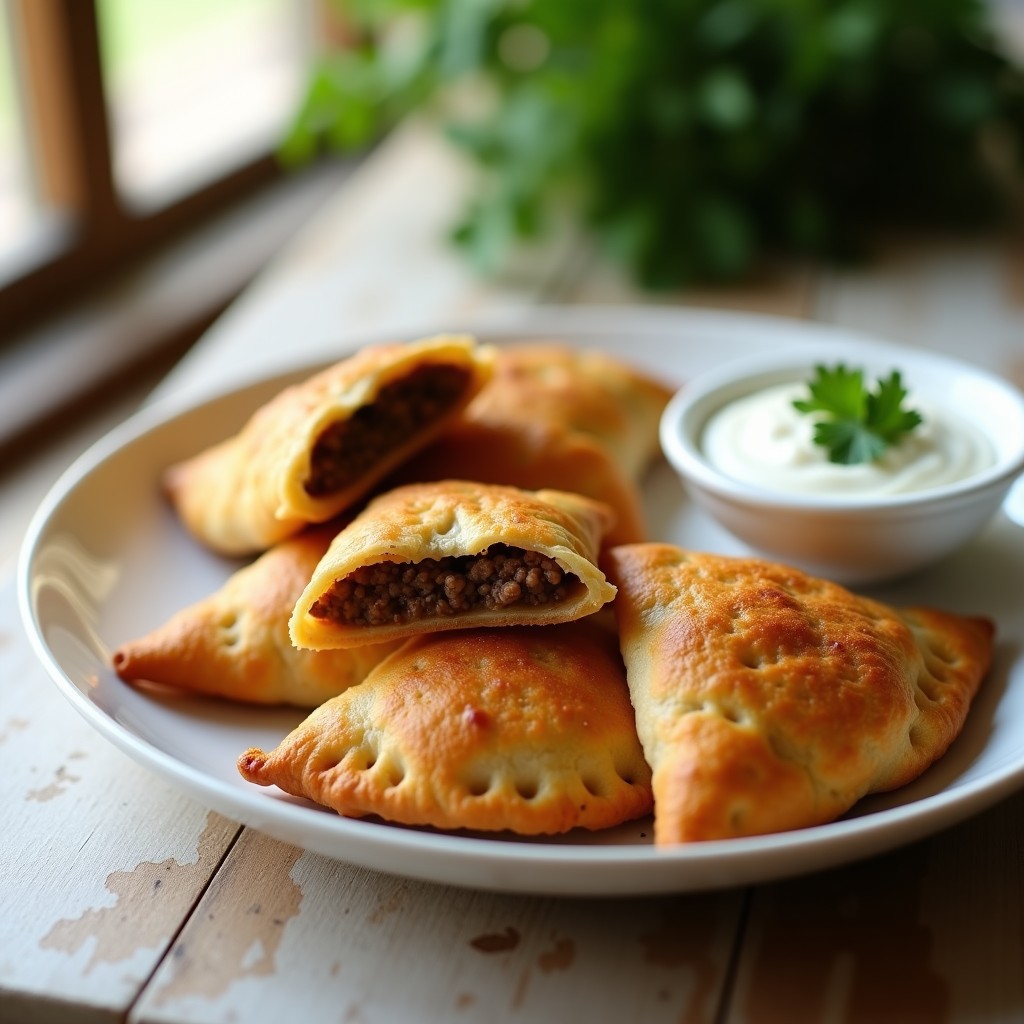 Empanadas doradas y crujientes de masa de coliflor rellenas de carne picada de soja, servidas en un plato de madera con hierbas frescas y salsa de yogur al lado, receta sin gluten en airfryer.
