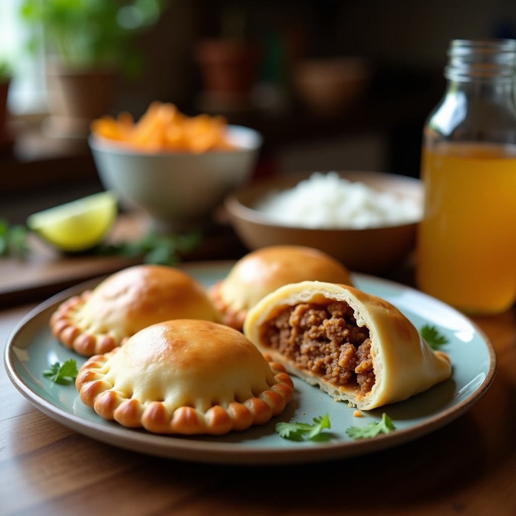 Empanadas doradas y crujientes de masa de ñame, rellenas de carne de coco, servidas en un plato de barro con hojas de cilantro fresco y una rodaja de limón al lado. Receta colombiana sin gluten.