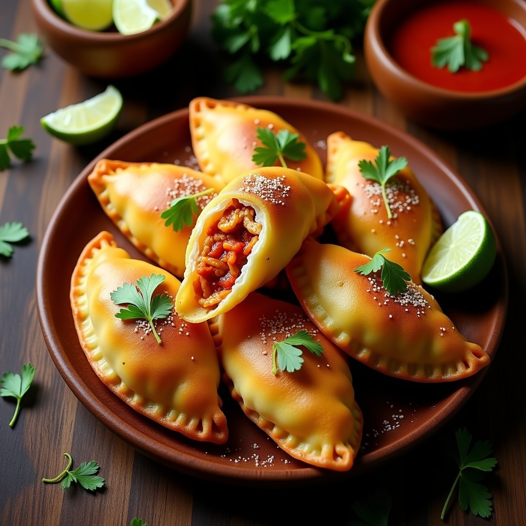 Empanadas doradas de masa de ñame rellenas de pollo al ají panca, servidas en un plato de cerámica negra con hojas de perejil fresco. Receta peruana keto crujiente y baja en carbohidratos.