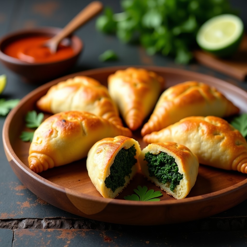 Empanadas doradas de masa de yuca rellenas de espinacas y tofu, servidas en un plato de madera con salsa de ají al lado. Receta colombiana vegana y sin gluten.