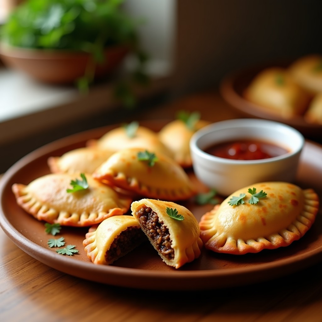 Empanadas doradas y crujientes de masarepa rellenas de hongos shiitake, servidas en un plato de madera rústico con salsa de chipotle cremosa y cilantro fresco. Receta vegana en airfryer.