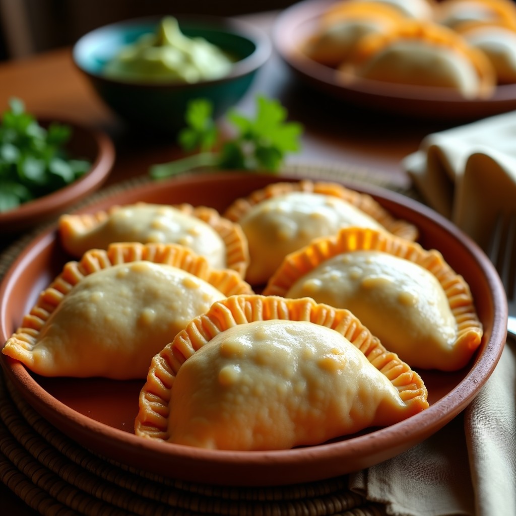 Empanadas doradas y crujientes de masarepa rellenas de huitlacoche, servidas en un plato de barro con salsa de aguacate y decoradas con hojas de epazote, receta mexicana gourmet en airfryer.