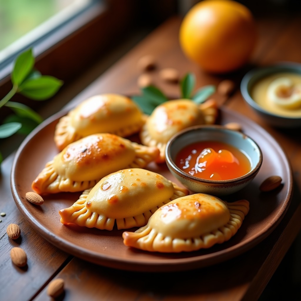 Empanadas doradas y crujientes de masarepa rellenas de queso de almendras y mermelada de guayaba, servidas en un plato rústico de madera con un toque de mermelada extra en el centro.