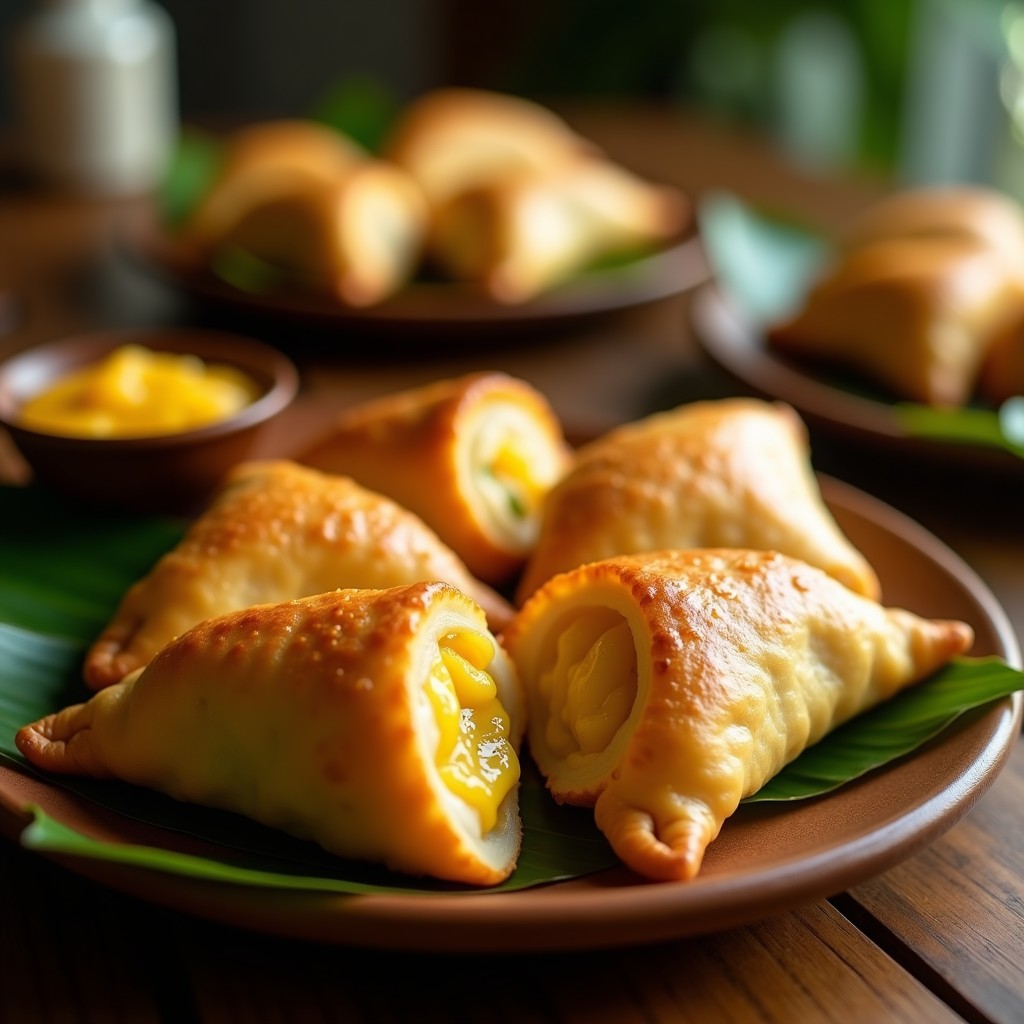 Empanadas de masarepa doradas en airfryer, rellenas de queso de añejo derretido y guayaba caramelizada, servidas en un plato de madera con hojas de plátano.