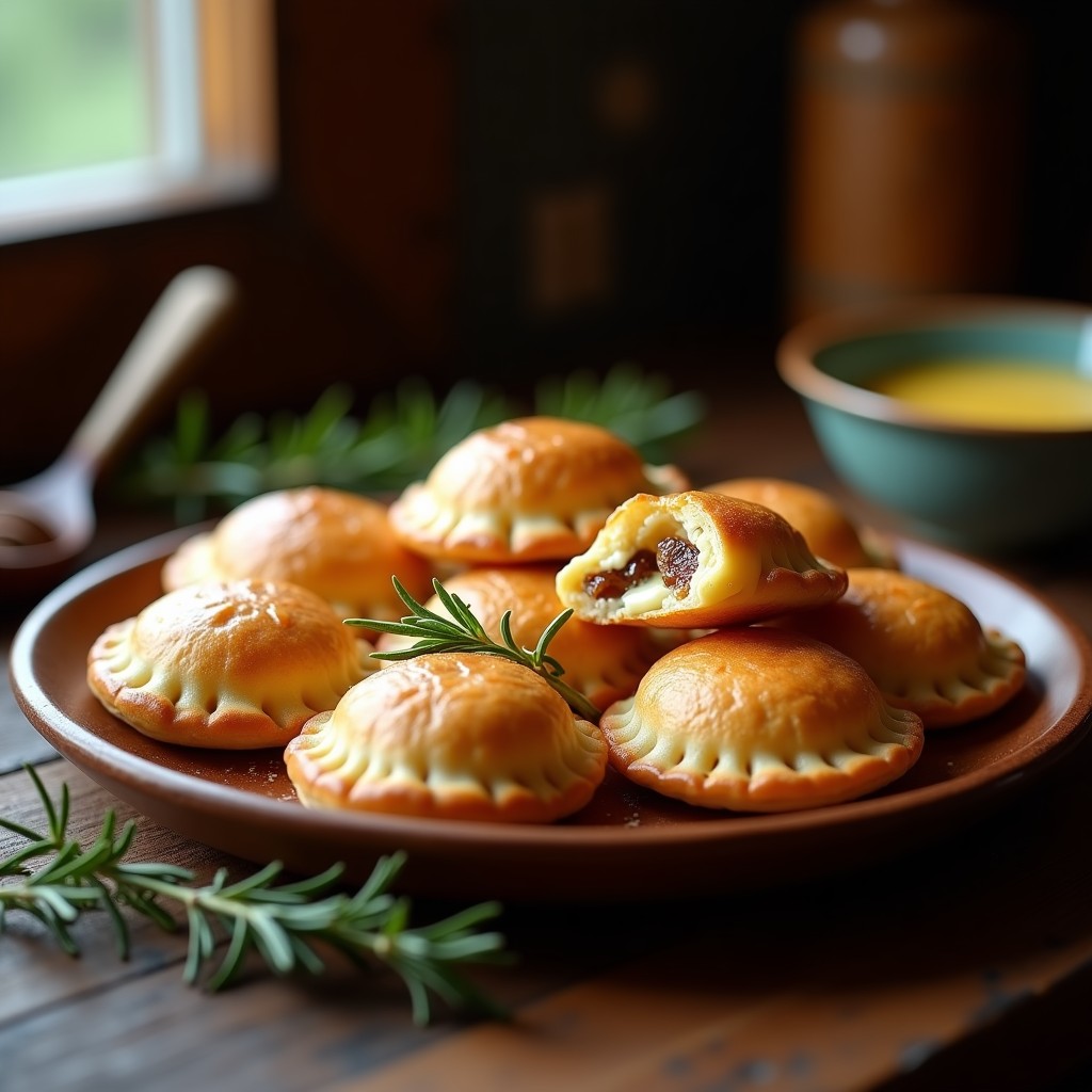 Empanadas doradas y crujientes de masarepa rellenas de queso de búfala cremoso y higos caramelizados, servidas en un plato de madera con hojas de romero y un hilo de miel, receta venezolana-italiana en airfryer.