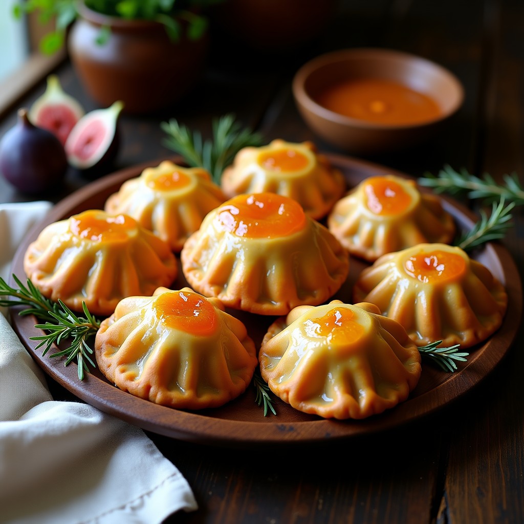 Empanadas doradas de masarepa rellenas de queso de castaña cremoso y mermelada de higo brillante, servidas en un plato de madera rústico con higos frescos y hierbas decorativas. Receta vegana colombiana.