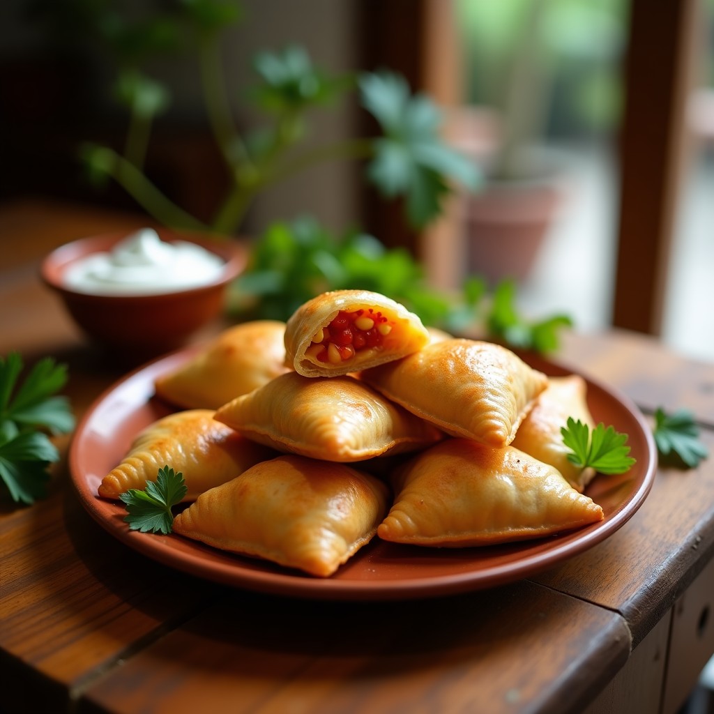 Empanadas doradas de masarepa rellenas de queso guayanes y pimentón, apiladas en un plato rústico de barro con hojas de cilantro fresco como decoración. Receta colombiana sin horno.