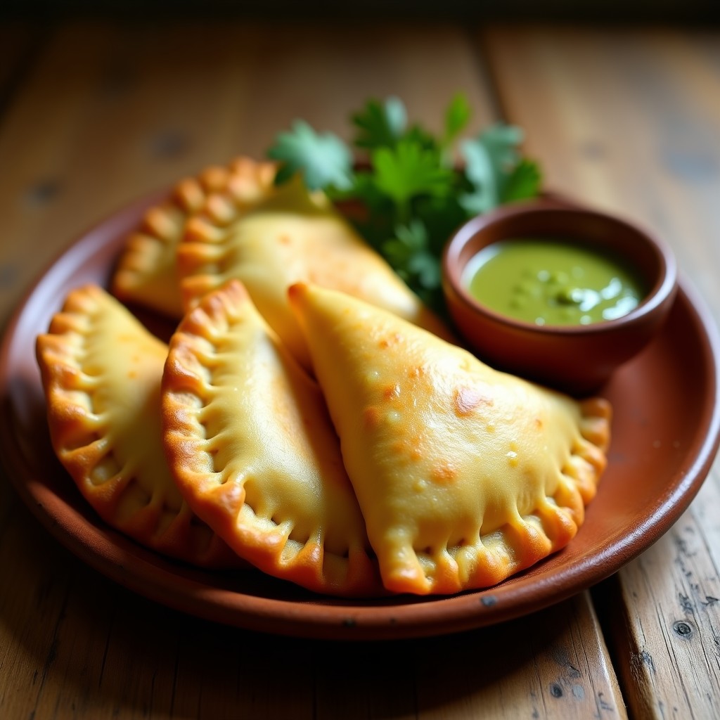 Empanadas doradas y crujientes de masarepa rellenas de queso de soja, servidas en un plato de madera con salsa de ají amarillo y cilantro fresco, receta colombiana vegana en airfryer.