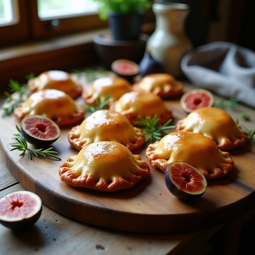 Empanadas doradas de massepain con relleno de higos caramelizados y romero, servidas en bandeja de madera rústica con hoja de romero como decoración. Postre francés sin gluten crujiente.