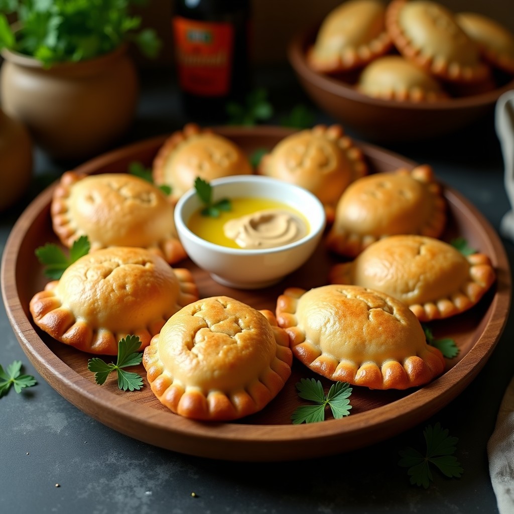 Empanadas de mijo doradas y crujientes rellenas de hummus cremoso y berenjena asada, servidas en una bandeja de madera rústica con perejil fresco espolvoreado. Receta sin gluten y alta en fibra.
