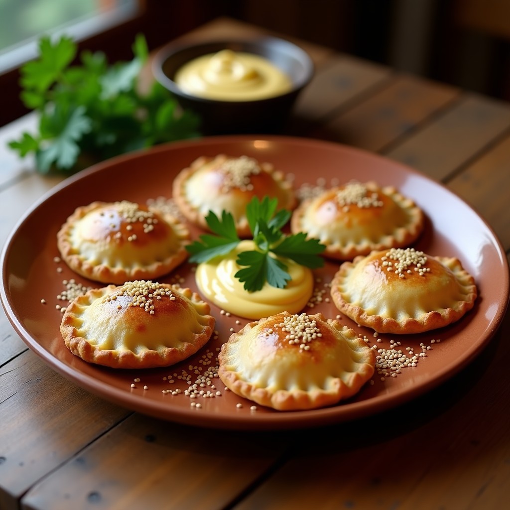 Empanadas doradas y crujientes de masa de mijo con relleno de berenjena asada y tahini, espolvoreadas con semillas de sésamo, servidas en un plato rústico de barro con hierbas frescas al lado. Receta sin gluten en airfryer.