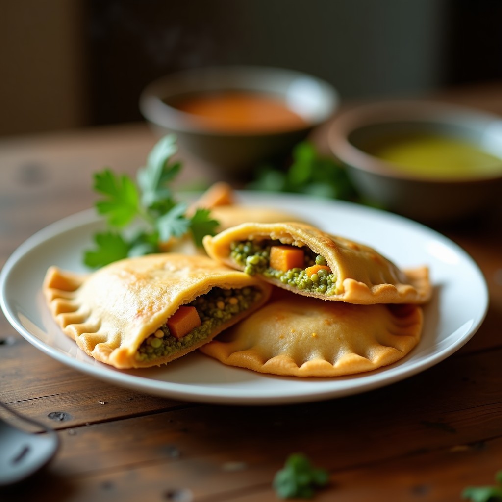 Empanadas doradas de mijo rellenas de calabaza y curry verde, servidas en un plato de madera con hojas de cilantro fresco y semillas de sésamo. Receta india sin gluten hecha en Thermomix.
