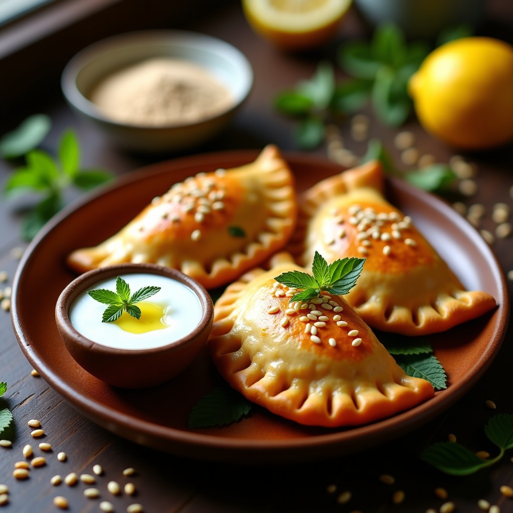 Empanadas doradas de mijo y calabaza con semillas de sésamo, servidas en un plato de barro con un bol de salsa de yogur de soja espesa y especiada. Receta africana sin gluten.