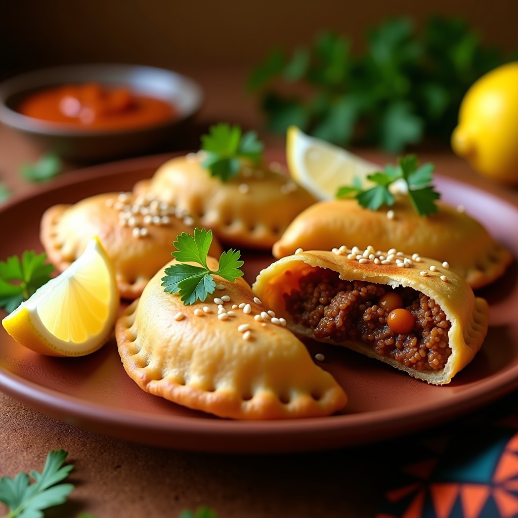Empanadas doradas y crujientes de mijo rellenas de carne de camello, con semillas de sésamo en la superficie, servidas en un plato de barro rústico con cilantro fresco y rodajas de limón al lado. Receta africana en airfryer con toque exótico.