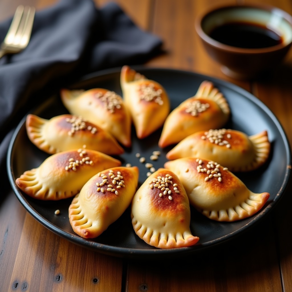 Empanadas doradas y crujientes de mijo rellenas de champiñones portobello, con semillas de sésamo tostadas por encima, servidas en un plato de cerámica negra. Receta sin gluten en airfryer con toque umami.