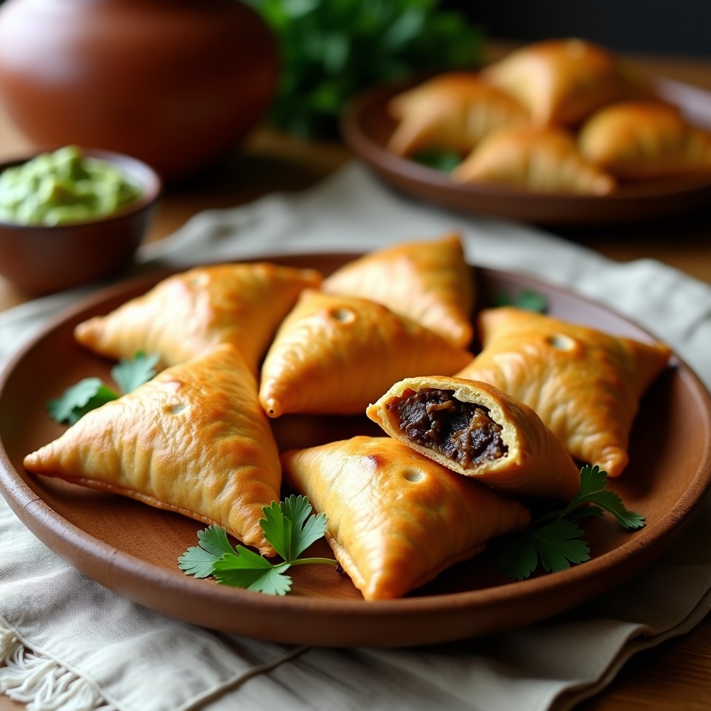 Empanadas doradas y crujientes de masa de mijo rellenas de champiñones portobello y cebolla caramelizada, dispuestas en un plato de madera rústico con hojas de cilantro fresco y una salsa verde al lado. Receta colombiana vegana y sin gluten.