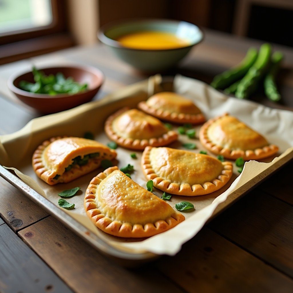 Empanadas doradas y crujientes de mijo rellenas de espárragos trigueros y queso vegano de cúrcuma, dispuestas en bandeja de horno con papel vegetal. Decoradas con puntas de espárrago y perejil fresco.