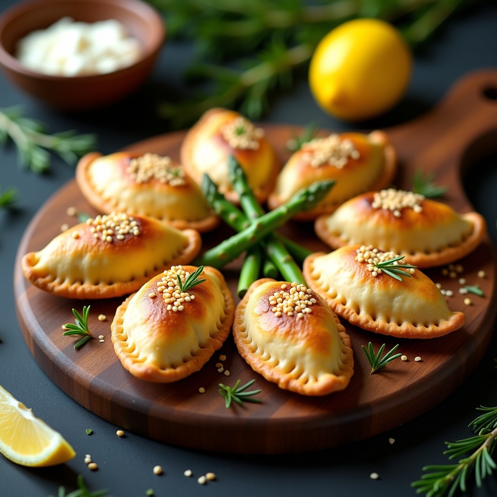 Empanadas doradas y crujientes de mijo y espárragos trigueros sobre una bandeja de madera rústica, con semillas de sésamo negro visibles en la superficie. Acompañadas de una salsa cremosa de color beige en un cuenco pequeño, bajo luz natural que resalta su textura escaldada. Receta sin gluten en Thermomix.