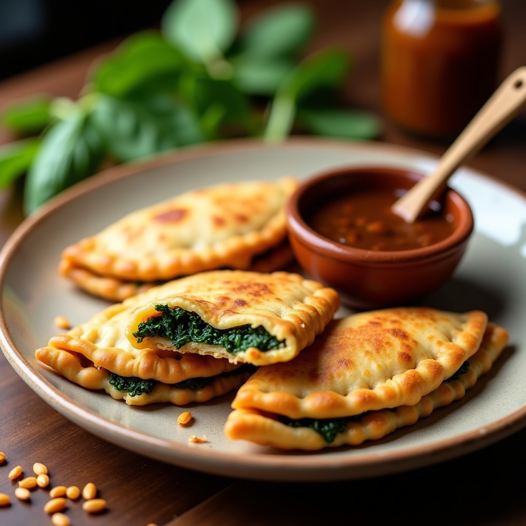 Empanadas doradas y crujientes de mijo rellenas de espinacas, servidas en un plato de madera rústico con un bol pequeño de salsa de tamarindo espesa y brillante a un lado. Semillas de sésamo espolvoreadas sobre las empanadas y hojas de espinaca fresca como decoración.