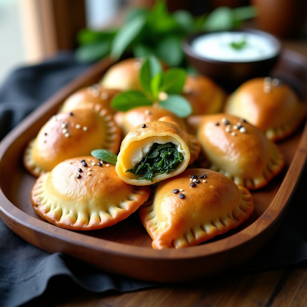 Empanadas doradas de mijo y espinacas con relleno cremoso de queso de castaña, decoradas con semillas de sésamo, dispuestas en una bandeja de madera rústica con hierbas frescas al lado. Receta vegana en Thermomix.