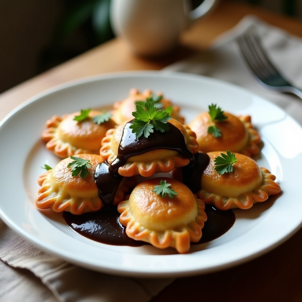 Plato de porcelana blanca con seis empanadas doradas de mijo rellenas de hongos chanterelle, bañadas en crema de ajo negro brillante y decoradas con perejil fresco. Fondo rústico con servilleta de lino y cubiertos de plata.
