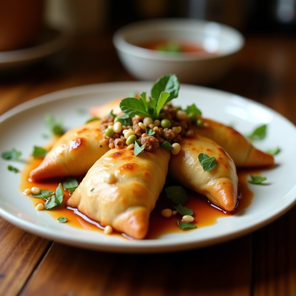 Empanadas doradas de mijo y hongos morels en un plato de cerámica negra, con relleno visible en una empanada cortada por la mitad, acompañadas de cilantro fresco y una salsa amarilla al lado. Receta peruana sin gluten en olla express.